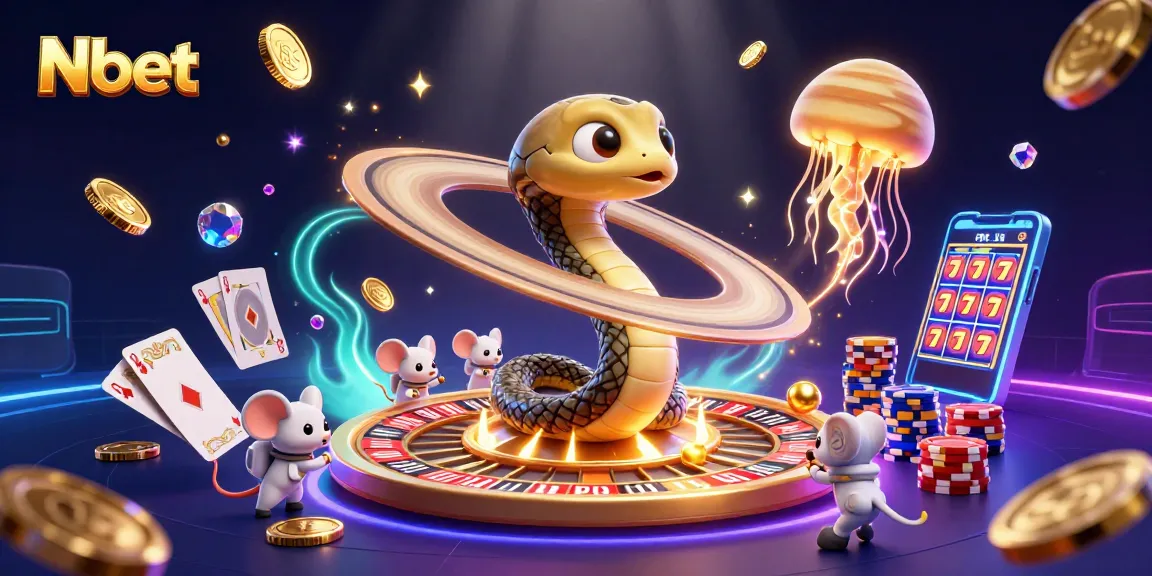 Nbet spins the Saturn ring roulette while astronaut mice place bets, surrounded by vibrant casino elements