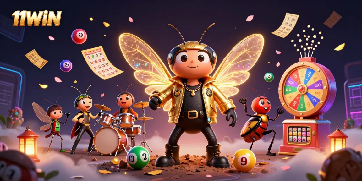 11WIN presents a vibrant scene of casino excitement with cartoon rock stars and colorful lottery elements.