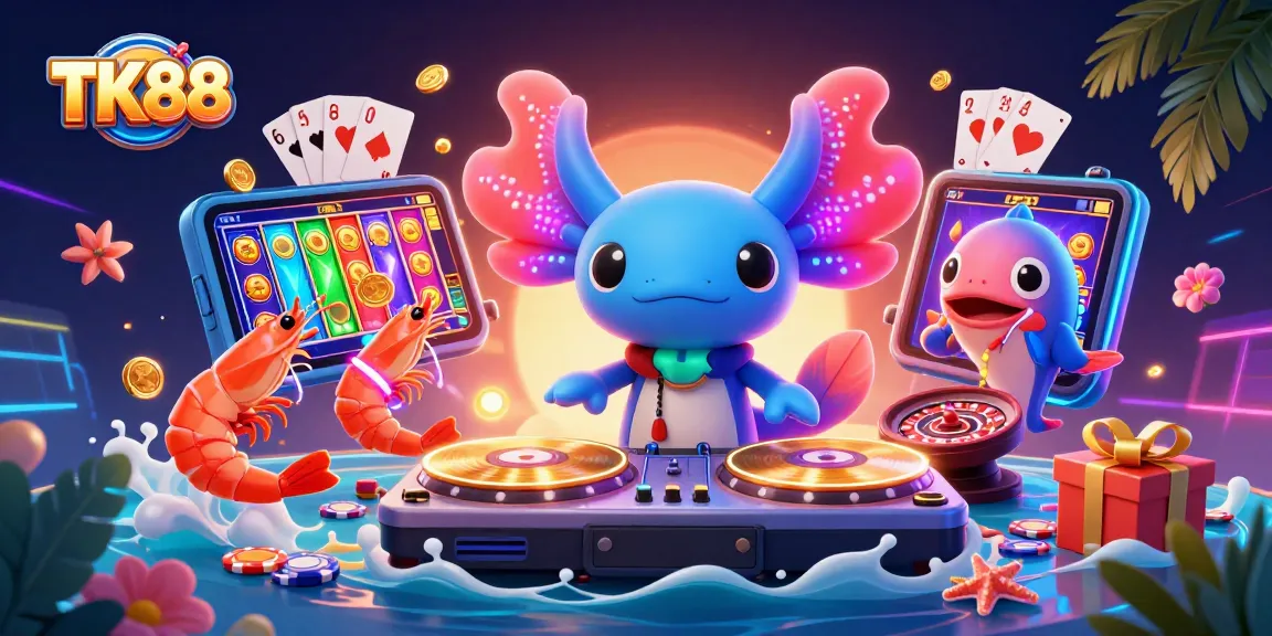 Experience the vibrant energy of TK88 with a neon-colored axolotl DJ and casino game elements.