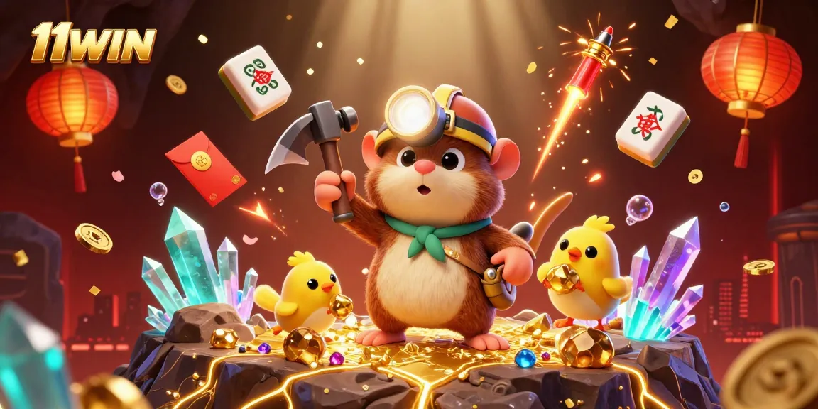 11WIN highlights a treasure hunter's quest with glowing gems and casino symbols in a vibrant 3D scene.