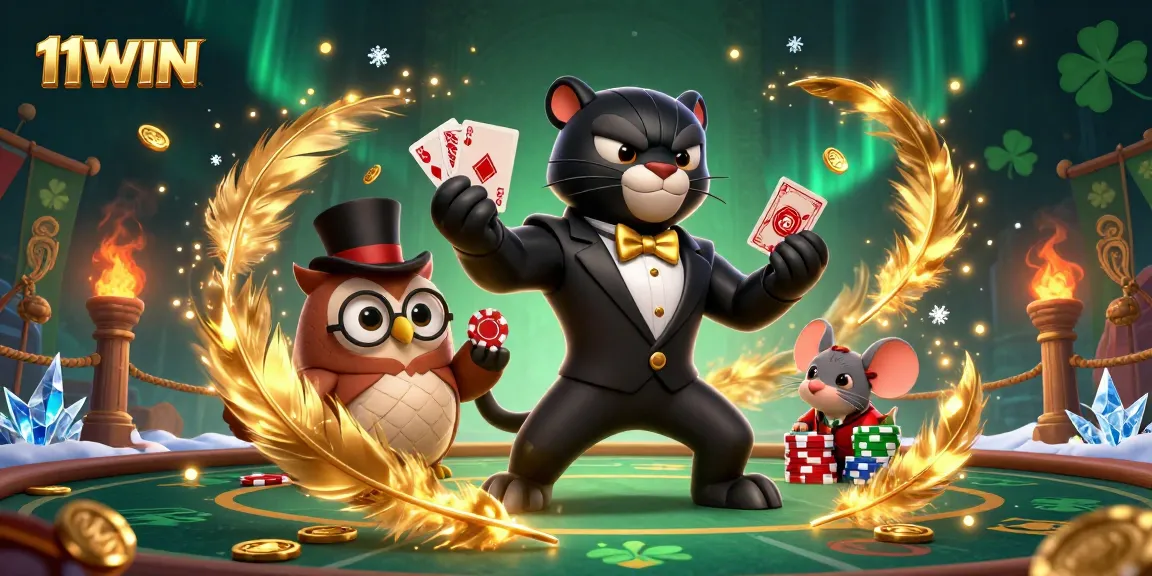 Experience excitement with 11WIN as the stylish panther deals cards in a vibrant casino scene.