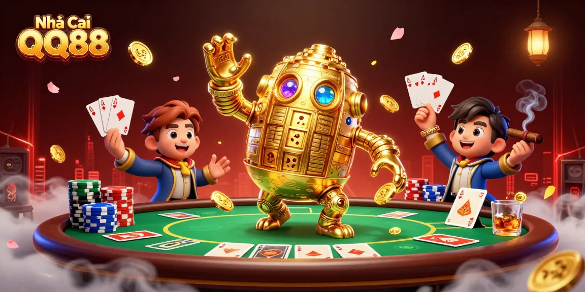 Engage with Nhà Cái QQ88 in this vibrant casino scene featuring a golden golem and poker elements.