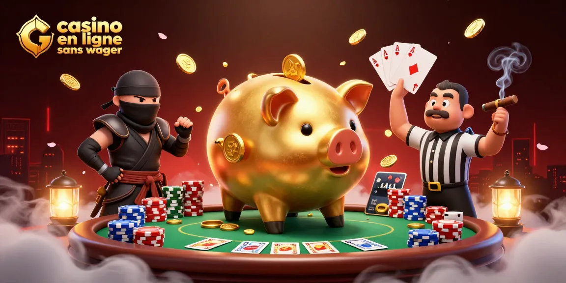 Illustration dynamique d'un casino en ligne sans wager avec un sumo, un ninja et un arbitre, illustrant le jeu.