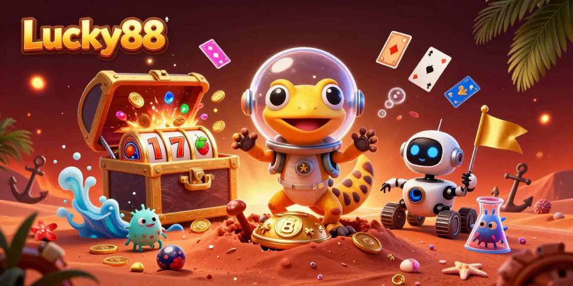Witness the Lucky88 Martian gecko uncovering casino treasures in a vibrant 3D scene.