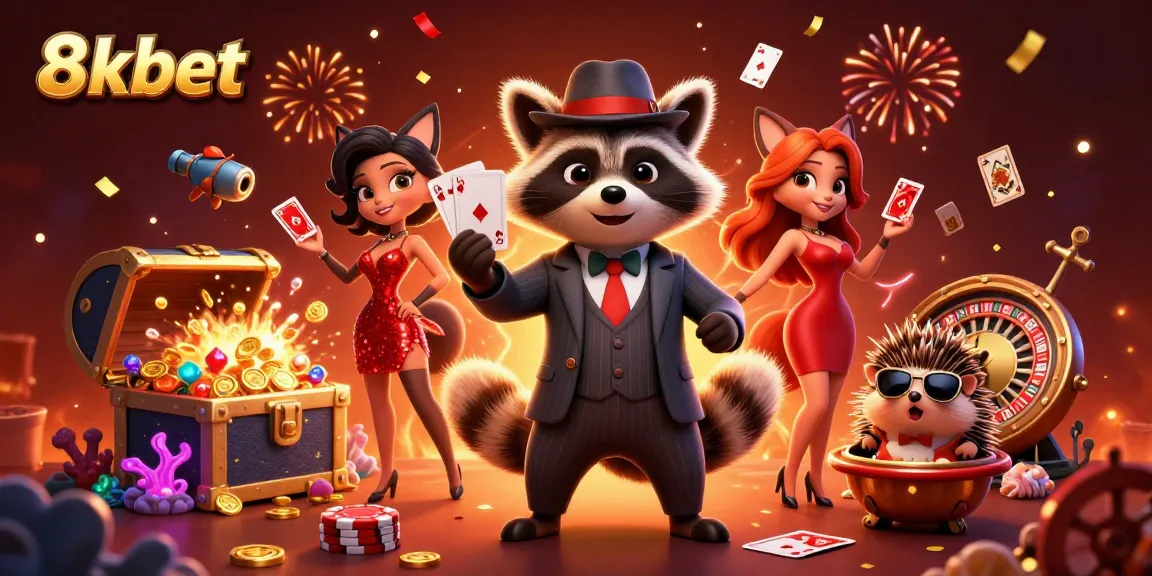 Enjoying the thrill of 8xbet with a stylish raccoon, glamorous fox, and hedgehog in a lively casino scene.
