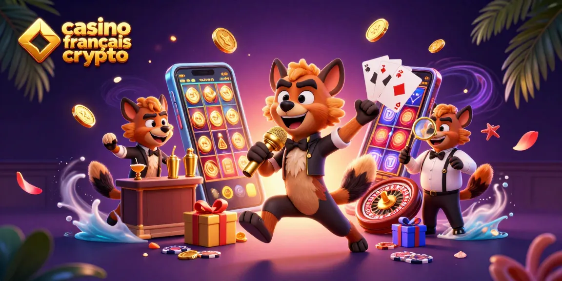 Illustration dynamique de casino français crypto avec des hyènes animées en scène humoristique.