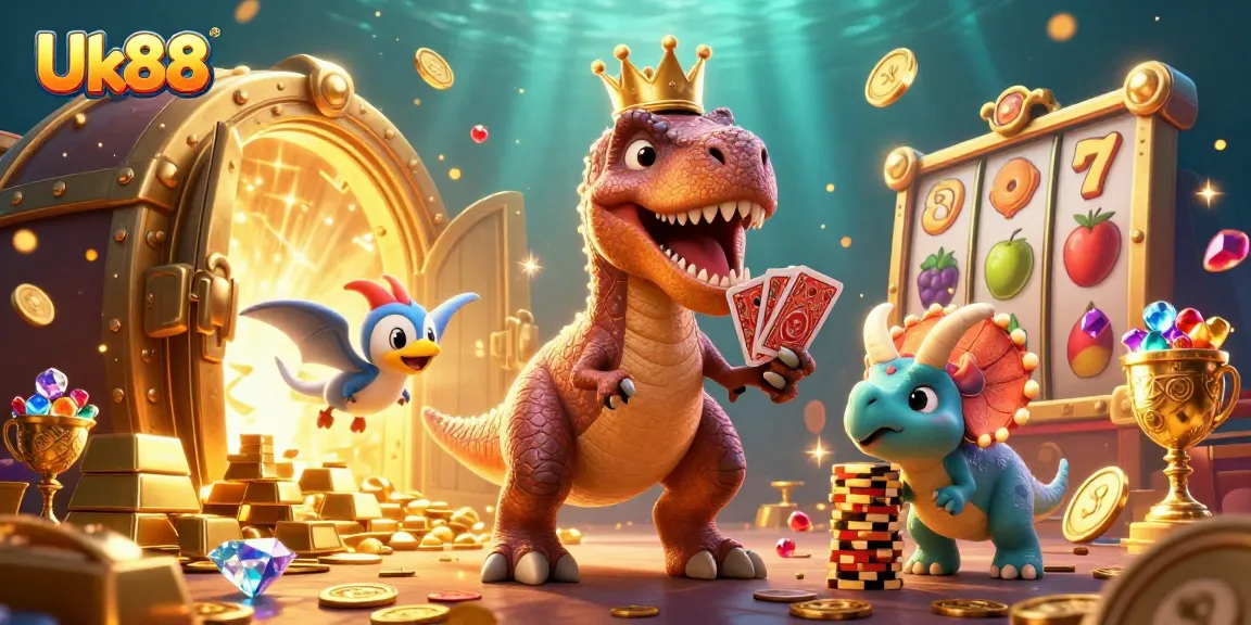 Experience thrilling gameplay with Uk88 in this engaging casino scene featuring vibrant characters.