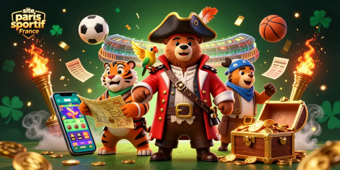 Pariez sur site paris sportif France avec un ours pirate, un tigre et des éléments de paris sportifs animés.