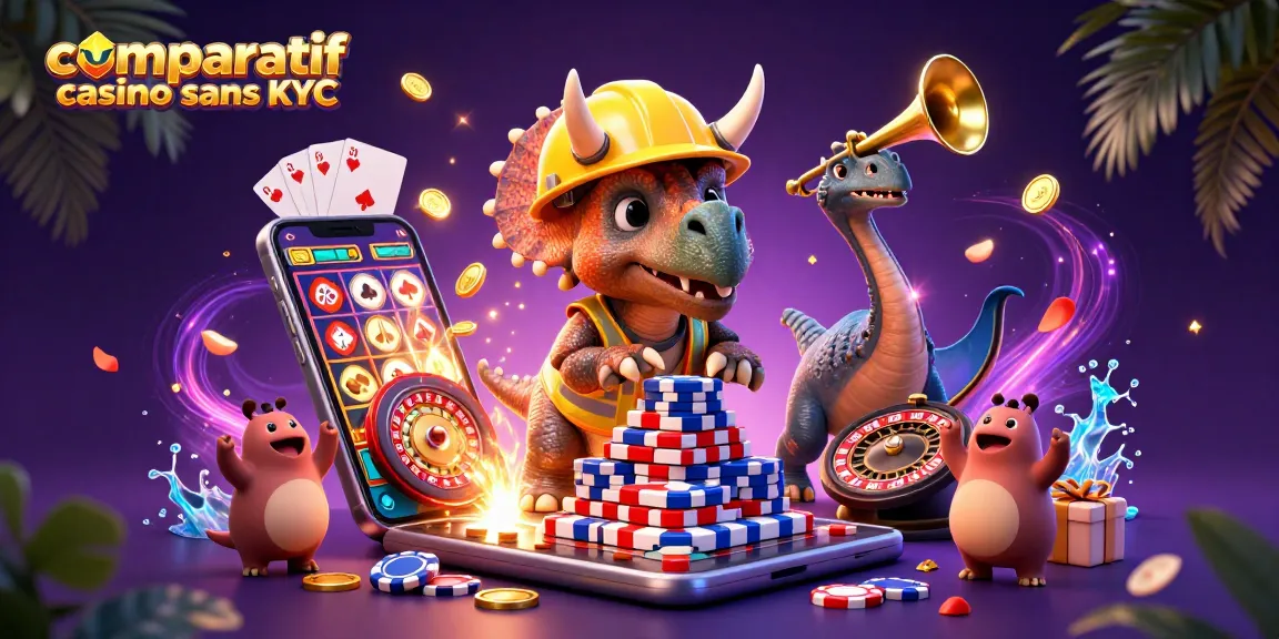 Comparatif casino sans KYC : triceratops et parasaurolophus entourés de jetons de poker et d'éléments de jeux d'argent.
